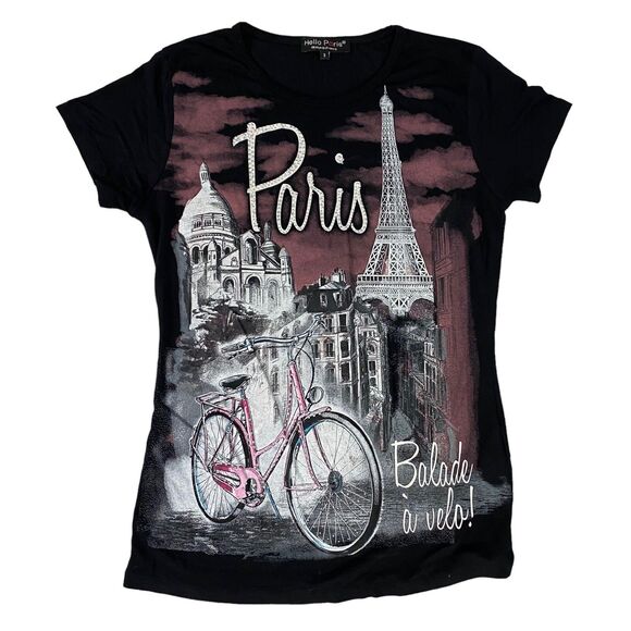 Hello Paris Top Womens Large T Shirt France Bicycle T-shirt Balade a Velo Eiffel - Picture 8 of 15